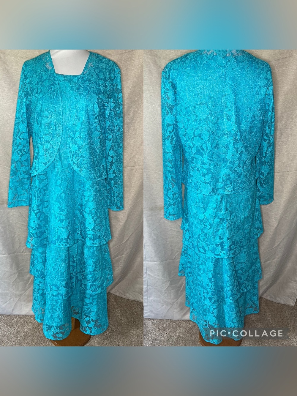 Vintage Turquoise Lace Tiered Dress with Matching Jacket